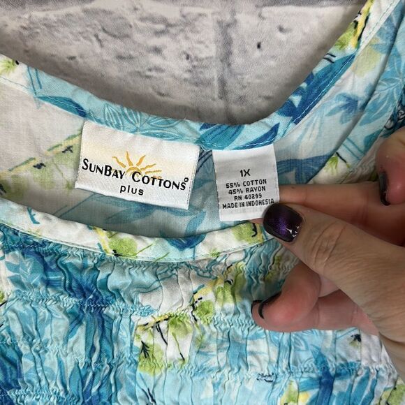 Sunbay Cottons Tropical Peasant Ruched Blue and Green Top 1X Sleeveless Tank - Picture 2 of 5